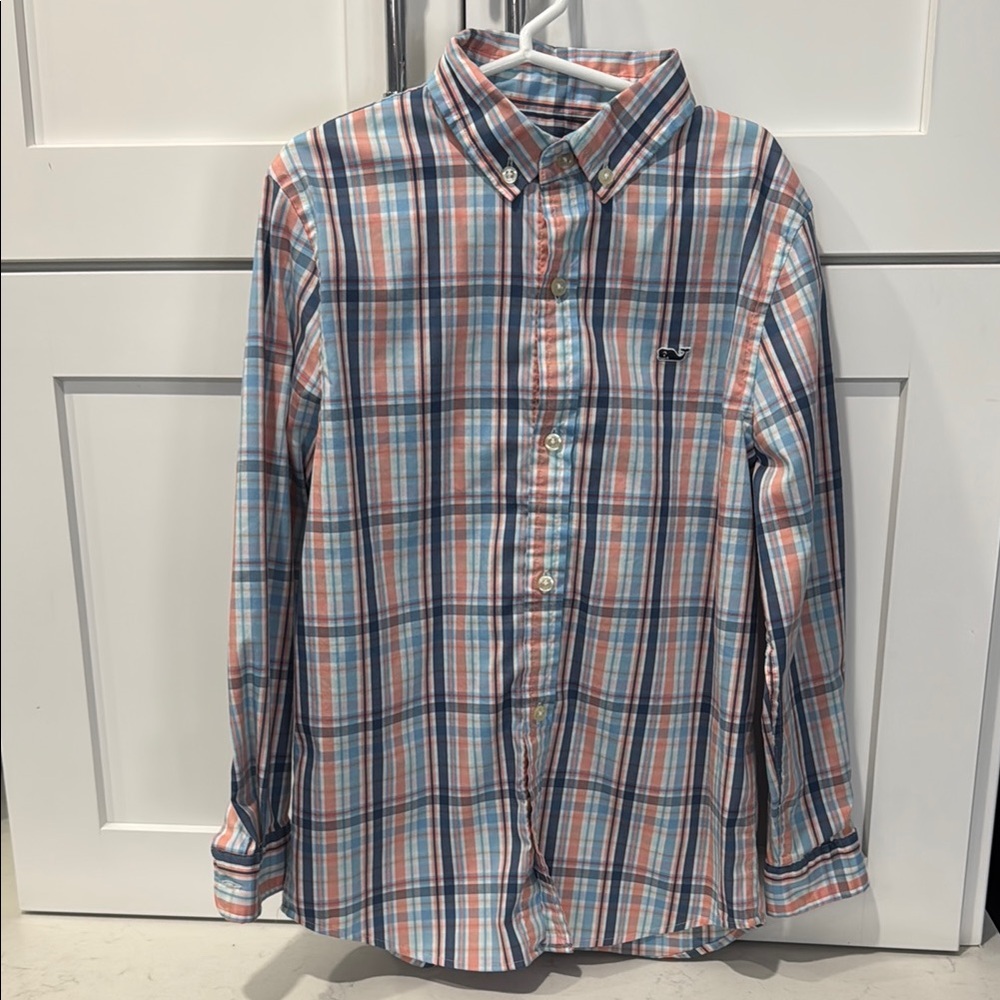 Vineyard Vines Blue and Coral Plaid Button Down Shirt